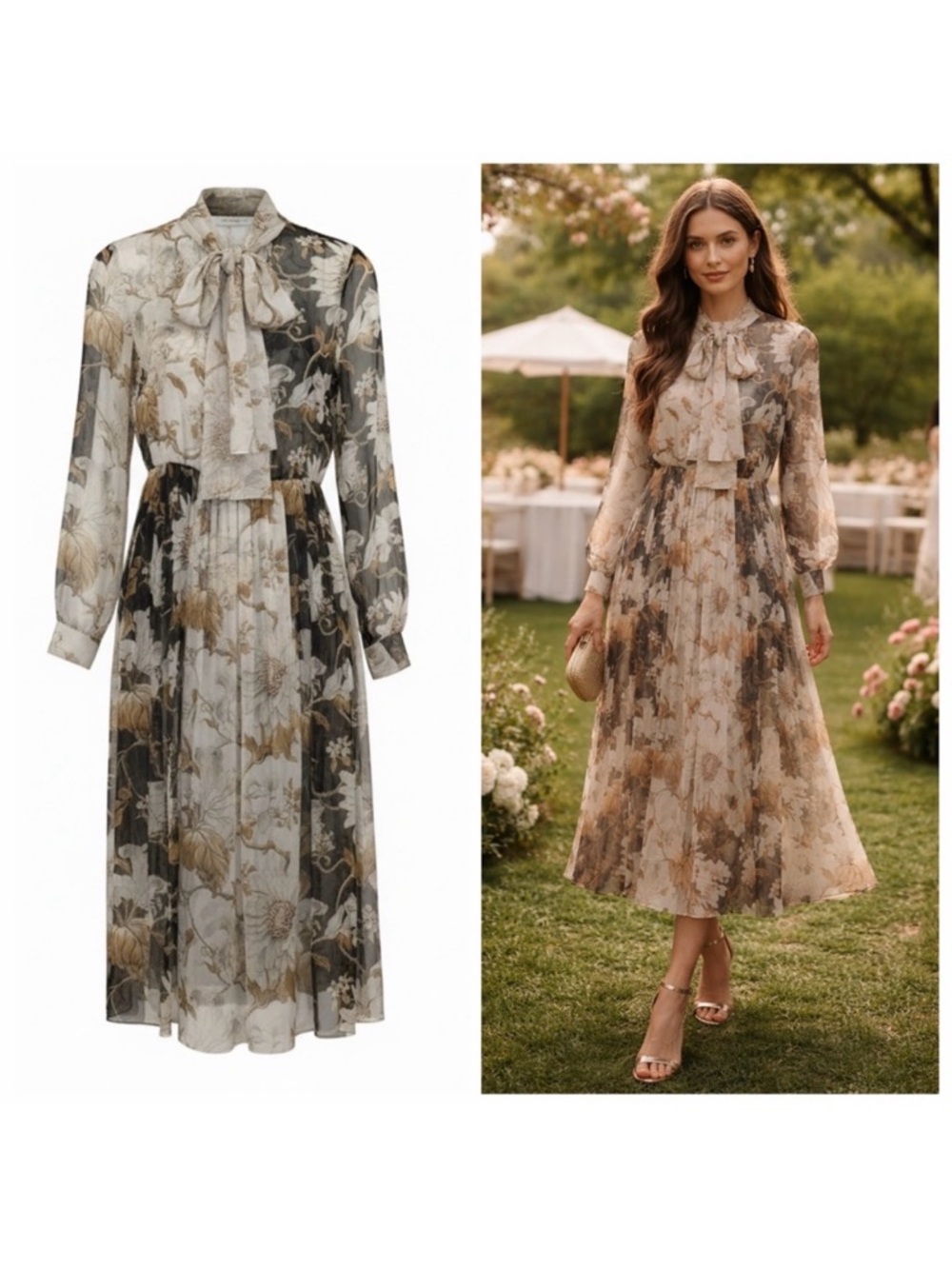 Oscar de la Renta Silk Floral Tie-Neck Midi Dress Black Cream Beige Brown US 6